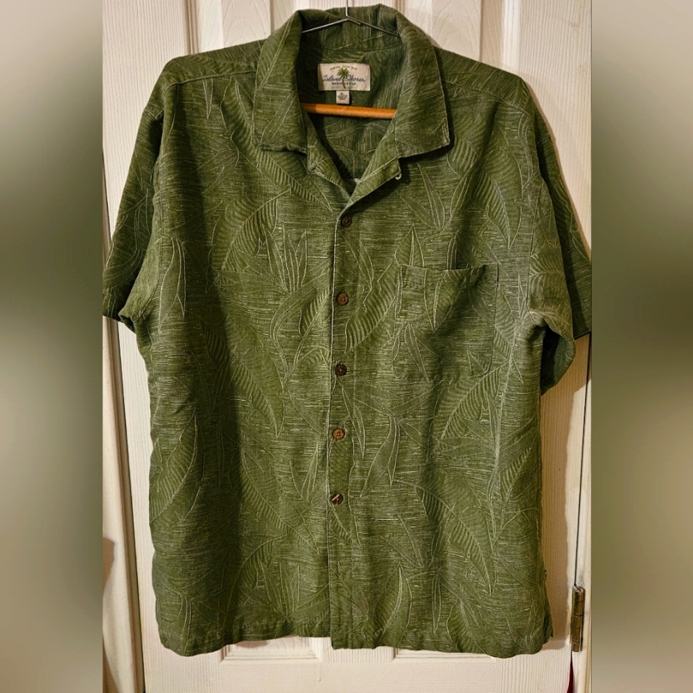 ISLAND SHORES Silk Button-down Shirt, Olive Green with Palm Leaves- Men's XL